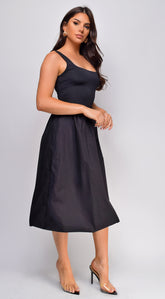 Branka Mixed Media Balloon Midi Dress - Black